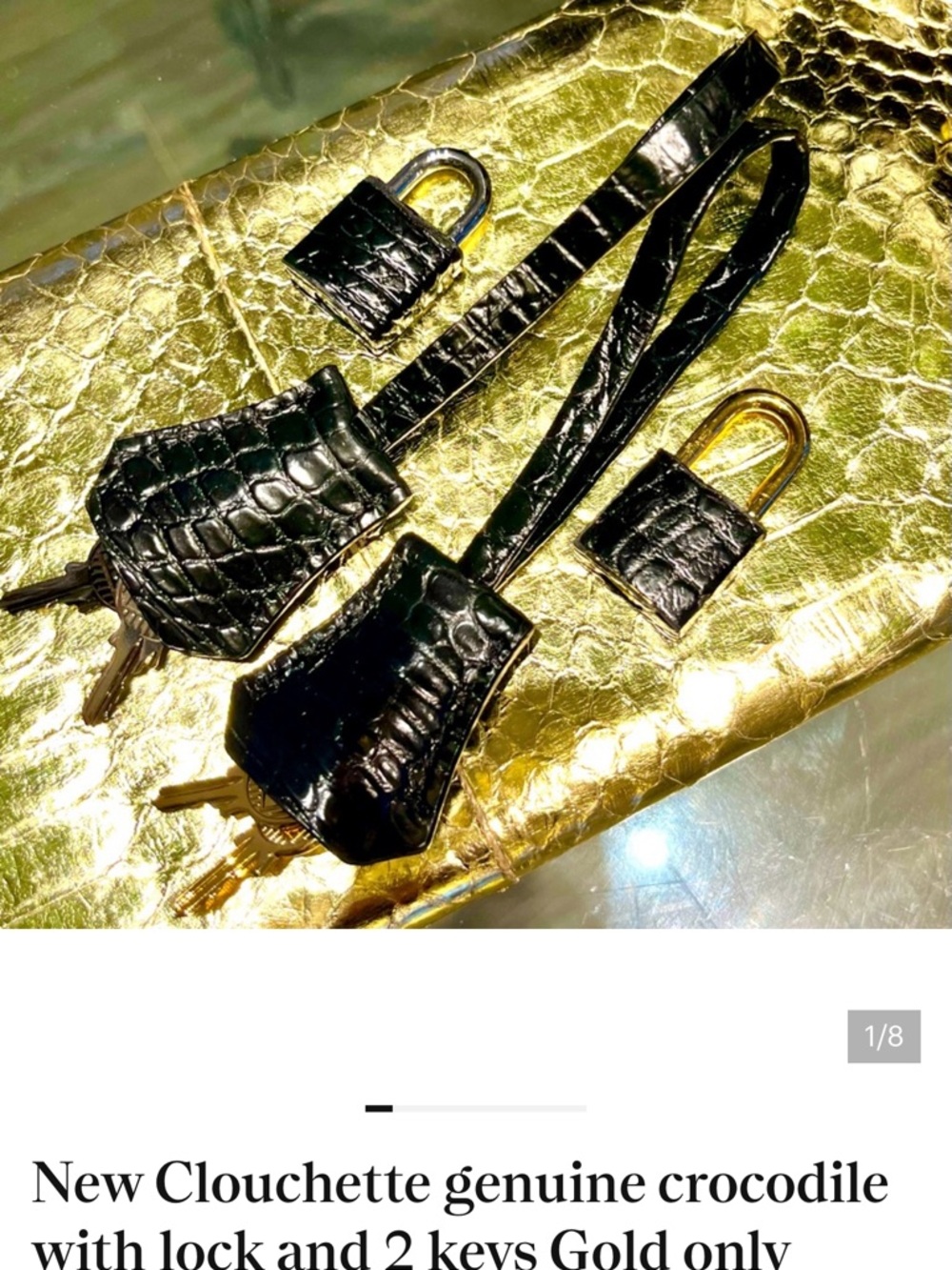 Black genuine crocodile clouchette Key Fob Set with Gold metal only